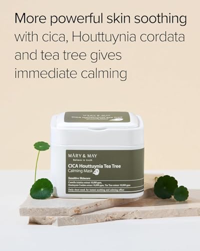 Image of Mary&May CICA Heartleaf Tea Tree Calming Mask, 30 Sheets Pull-Out | Korean daily soothing sheet mask, centella + heartleaf + tea tree 10,000ppm each for oily, sensitive, redness-prone skin
