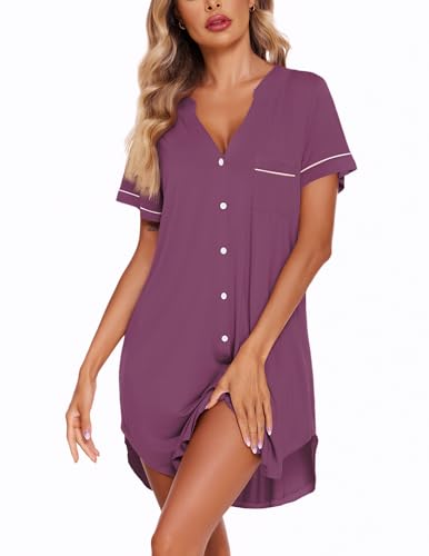 Image of Ekouaer Nightgowns for Women Button Down Night Gowns Short Sleeve Sleep Shirt V Neck Nightshirt Soft Sleepwear Pajams Dress