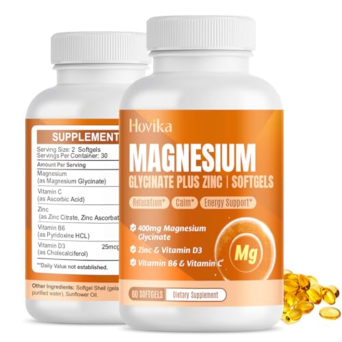 Magnesium Glycinate Supplement Softgels, Magnesium Glycinate 400mg with Zinc, Vitamin B6, C, D3, Pure Magnesium for Sleep, Calm, Muscle, Energy, Heart Support - 60 Vegan Capsules for Women & Men -  Hovika