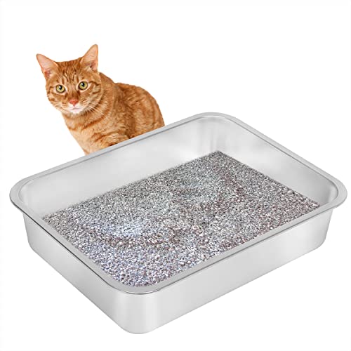 Kichwit Stainless Steel Cat Litter Box, Kitten Litter Tray, Metal Cat Litter Pan, Non Stick Smooth Surface, Easy to Clean (17.5\" L x 13.5\" W x 4\" H)