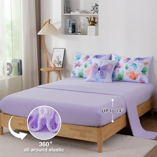 Image of A Nice Night 6pcs Bed in A Bag Watercolor Ink Wash Tie-Dye Butterfly Flying Printed, Butterflies Bedding Comforter Set, Purple Green Twin