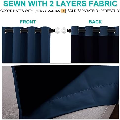 NICETOWN 100% Blackout Blinds, Laundry Room Decor Window Treatment Curtains, Thermal Insulated Energy Smart Drapes and Draperies for Villa, Hall and Studio, Navy, Set of 2, 52 inches x 95 inches — view 3