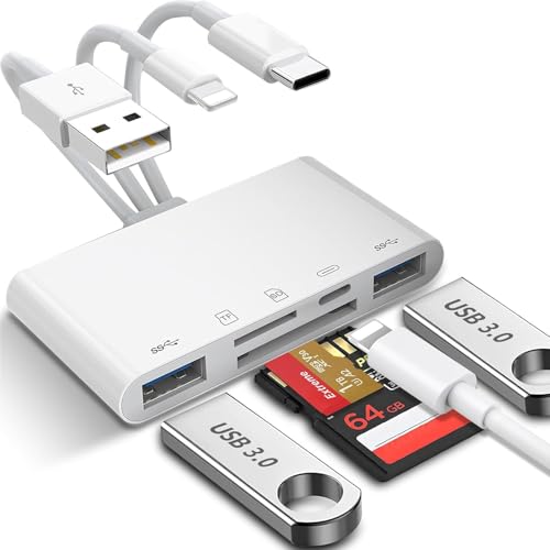 Ctoby Card Reader 5 in 1 Memory Card Reader SD Card Reader for iPhone/iPad USB OTG Adapter&SD Card Reader for iPhone16 15/iPad/Samsung/Micro SD&SD Card Slots Supports SD/Micro SD/SDHC/SDXC
