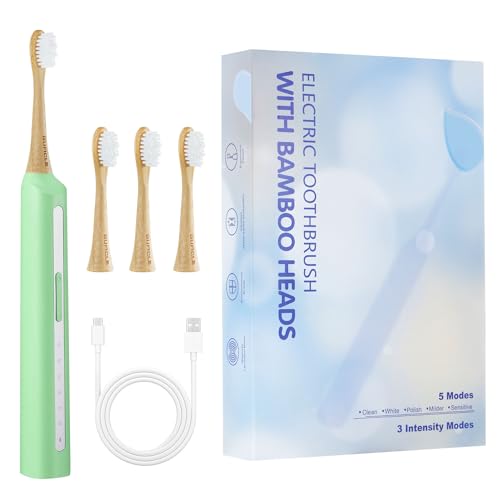 GUFICLE Bamboo Electric Toothbrush丨Rechargeable Electric Toothbrush with 4 Bamboo Heads, Soft Castor Oil Bristles,5 Moedes&3 Intensities, 45 Days Battery Life, IPX7 Waterproof-Light Green