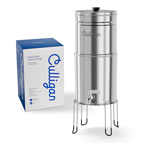Image of Culligan MaxClear 2.25 Gallon Gravity Water Filter System, Polished Stainless-Steel Countertop Water Filter NSF /ANSI Certified to Reduce Microplastics, Lead & Total PFAS, with 4 Ceramic Filters