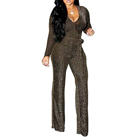 FairBeauty Women's Sexy Sparkly Jumpsuits Clubwear One Piece Deep V Neck Long Sleeve Pants with Belt Cover