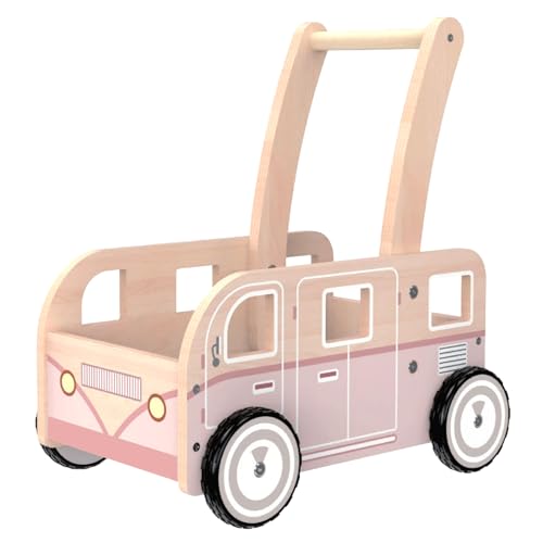 Wooden Baby Walker,Push Walker Bus for Boys and Girls, Stand & Learn Push Walker for Toddlers 1-3 Years Old Pink