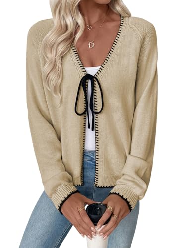Image of EVALESS Womens Cardigan Sweaters Trendy V Neck Long Sleeve Open Front Bow Tie Knit Chunky Lightweight Fall Outerwear