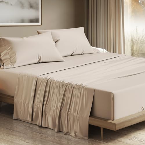 Image of THREAD SPREAD 100% Egyptian Cotton Queen Sheets Set - 1200 Series Plush Collection Luxury Egyptian Cotton Sheets Queen Size Deep Pocket (4 PC, Taupe), Soft, Cooling, Sateen Weave Sheet Set