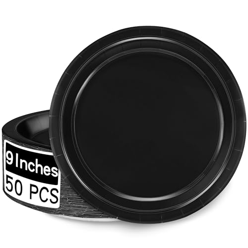 50 Pieces of Paper Plates Round Black Party Plates Pack Disposable 9 Inches Paper Dinner Plates Everyday Use Plates for Daily Meals Picnic Camping Birthday Christmas Thanksgiving Supplies