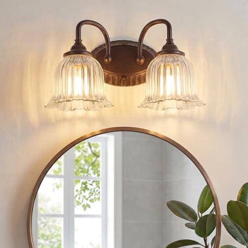Image of Oil Rubbed Bronze 2-Light Bathroom Light Fixtures with Floral Glass Shade