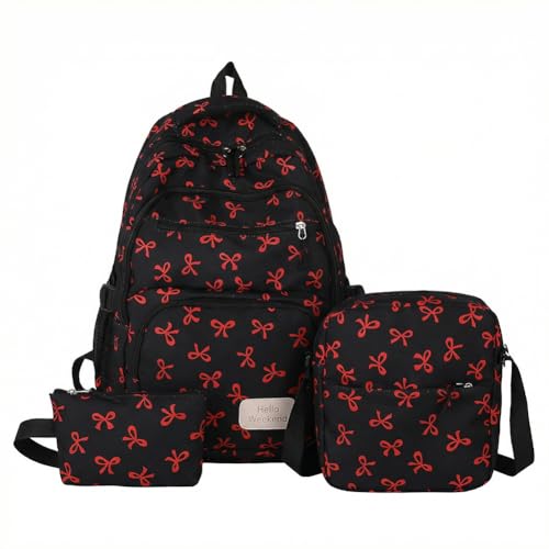 Conjunto de mochila com laço artístico de 3 peças - bolsa de viagem casual de grande capacidade com lancheira e estojo - Mochila estilo coreano, Vermelho, Large, Multifuncional