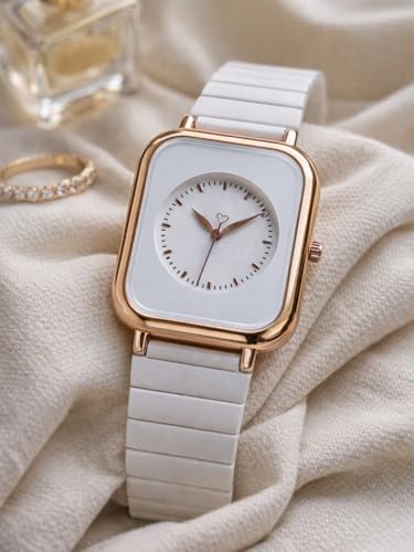 Image of Premium Rose Gold Square Analog Watch for Women & Girls | Stylish Stainless Steel Strap | Elegant Heart Second Hand | Trendy Ladies Wrist Watch under 500 | Square Case Design | Perfect for Casual | Affordable Fashion Watch for Girls