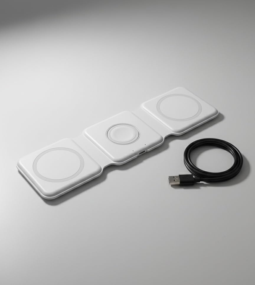 3-in-1 Wireless Charging Pad, White, Magnetic Charger with USB Cable, Multi-Device Charging