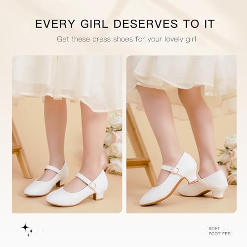 Image of Dufannie White Shoes for Girls Kids High Heels Church Shoes Cute Christmas Flats for Girls Formal Princess Dress Shoes for First Communion Easter Little Big Kid Toddler(3306White 9)