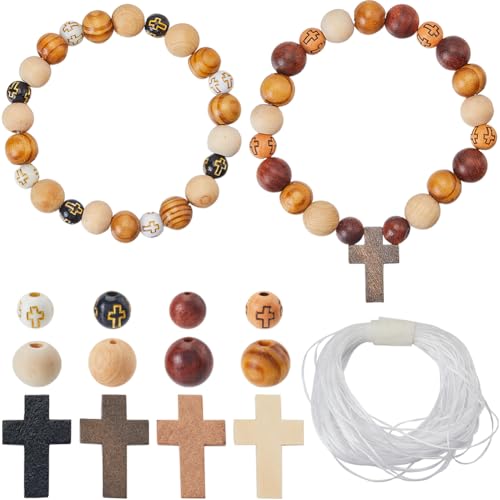 Croix en bois pour chapelet de Pâques avec mini perles rondes d'espacement