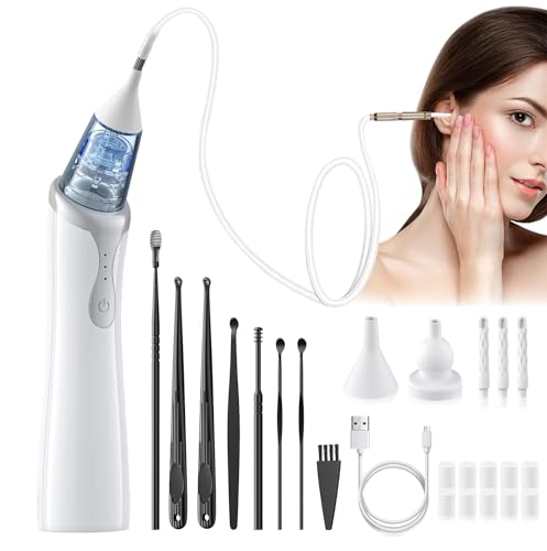 Ear Wax Vacuum Removal Tool with 8 Pcs Ear Pick, 3 Levels Electric Strong Suction Ear Vacuum Wax Remover, USB Charge Ear Wax Vacuum, Ear Wax Suction Remover Device for Adults and Kids(White)