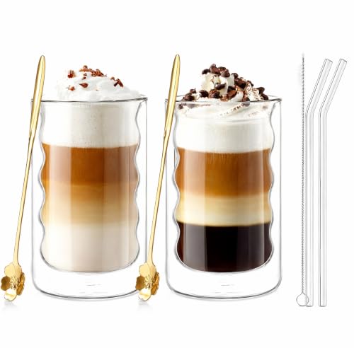 Image of 2 Pack Double Walled Coffee Glasses Mugs, 375ml Borosilicate Heat Resistant