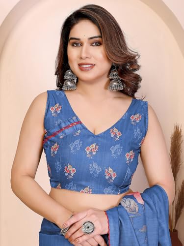 Image of Satrani Women's Tussar Silk Floral Printed Saree with Unstitched Blouse Piece
