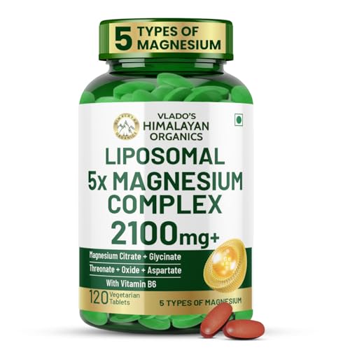 Image of Vlado's Himalayan Organics 5X Strength Liposomal Magnesium Supplement - 2100mg+ with Chelated Magnesium Glycinate, Citrate, Oxide, Threonate, Aspartate & Triple magnesium Complex | For Sleep, Cramps, Recovery, Nerve & Muscle Function, Clinically Proven, 100% RDA - 120 Tablets