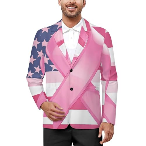 Ribbon Breast Cancer Awareness Flag Mens Blazer Casual Sport Coats Two Button Suit Jacket for Travel Wedding