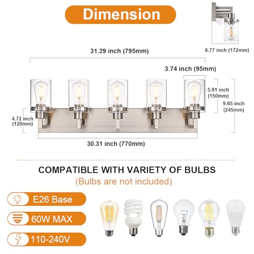 Image of 5 Light Metal Base Wall Mount Lighting with Clear Glass Shade,Brushed Nickel Bathroom Light Fixtures Bath Wall Sconces for Mirror, Kitchen,Hallway