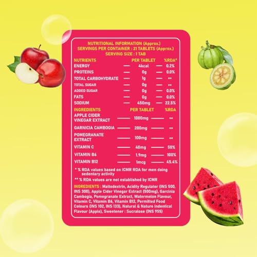 Image of svaa.life 1000mg Apple Cider Vinegar (ACV) Effervescent Tablets-Watermelon Flavour- with Garcinia Cambogia, Pomegranate, B6 & B12 for Weight Loss & Improving Gut Health | One per day (21 tablets)