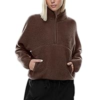 LASLULU Womens Half Zip Pullover Brown Sherpa Jacket Fleece Faux Fur Teddy Cropped Jackets Sweatshirt Fuzzy Sweaters 2025 Warm Fall Winter Jackets Outfits Clothes (Espresso,Large)