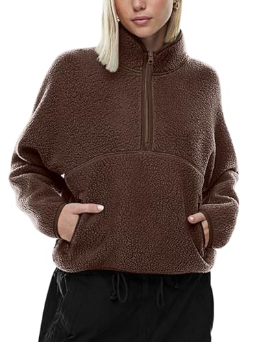 LASLULU Womens Half Zip Pullover Brown Sherpa Jacket Fleece Faux Fur Teddy Cropped Jackets Sweatshirt Fuzzy Sweaters 2025 Warm Fall Winter Jackets Outfits Clothes (Espresso,Large)