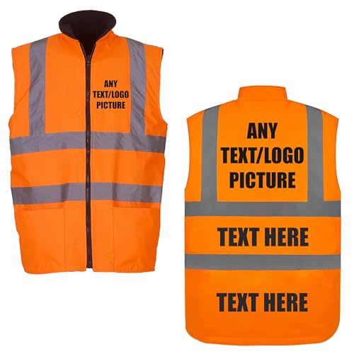 Image of Brook Hi Vis UK Custom Printed Personalised Yoko Premium Orange Hi-Vis Reversible Fleece Bodywarmer - High Visibility Safety Workwear Jacket, Alpha, XL, Regular, Regular, Standard, Orange