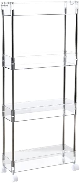 - Chris.W Slim Storage Cart 4 Tier with Wheels, Clear Bathroom Cart Organizer, Mobile Shelving Unit Rolling Utility Cart, Slide Out Organizer for Kitchen, Bathroom, Laundry, Narrow Places, Office- 5.2"W