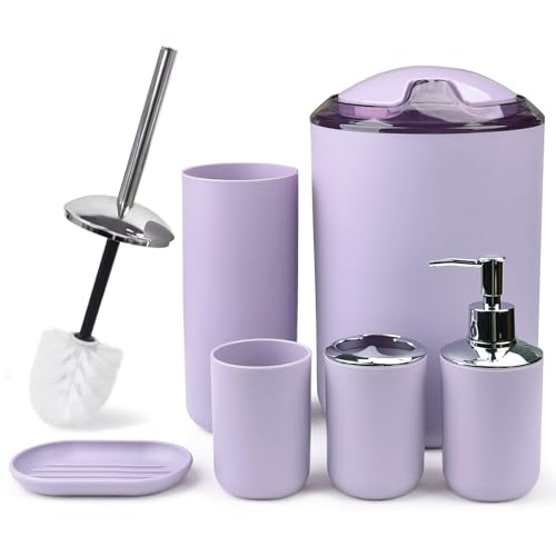 CERBIOR Bathroom Accessories Set 6 Piece Bath Ensemble Includes Soap Dispenser Toothbrush Holder Toothbrush Cup Soap Dish for Decorative Countertop and Housewarming Gift (Purple)