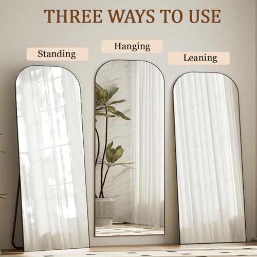 Image of Koonmi Mirror, 71x26 inch Full Length with Stand, Black, Rounded Top, Floor Mount, Aluminum Frame, for Bedroom, Living Room
