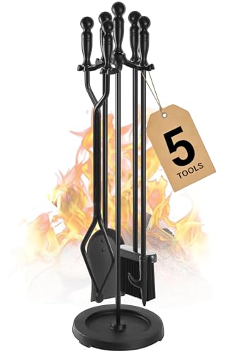 Gtongoko Fireplace Tools Set 5 Pcs 30.5 Inch Black Wrought Iron Large Fire Place Tool Set Indoor/Outdoor Include Poker, Shovel, Brush, Tong and Round Stand, Fireplace Kit Accessories Set