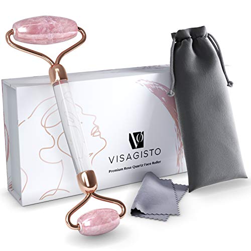 Visagisto Real Rose Quartz Face Roller Massager for Face, Neck, Under Eyes, Nose