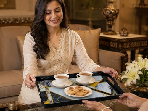 Image of KITCHIVO 3 Pcs Plastic Serving Tray Set with Handle | Multipurpose Tea Snacks Breakfast Tray | Floral Printed Rectangular Serving Trays for Kitchen & Home (Black Marble Luxe)