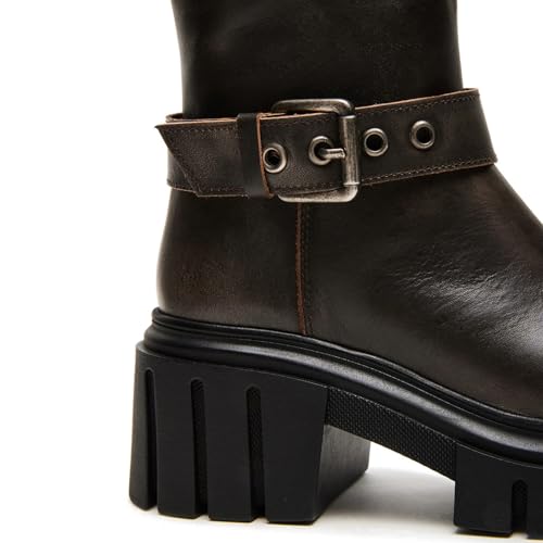 Seborluys Women's Knee High Riding Boots Side Zipper Platform Chunky Block Heel Motorcycle Boots Fashion Buckles Biker Tall Boot4