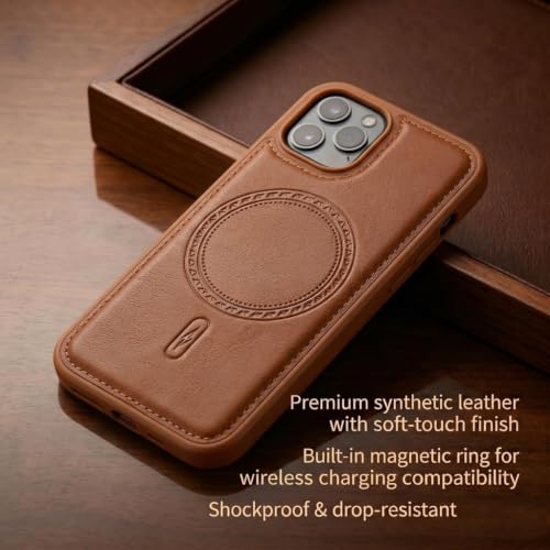 Image of amazon basics Premium PU Leather Case for iPhone 12 Pro Max, MagSafe Compatible Magnetic Ring, Sleek Protective Back Cover - [Tan]