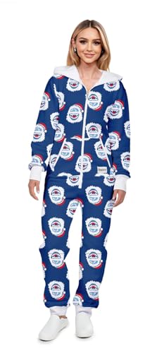 Tipsy Elves Christmas Onesies for Adults - Comfy Unisex Matching Holiday Jumpsuits with Convenient Pockets - Cozy Navy Blue Bumble Jumpsuit Size - Medium
