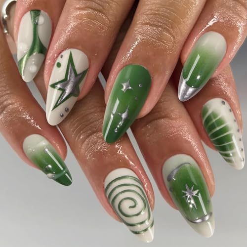 Nymora Kit d'Ongles Press-on Faits Main - 24 Pcs Ongles Faux Autocollants Y2K 3D Ombré Vert - Kit de Port Jelly Gel - Ongles Artificiels pour Femmes et Filles