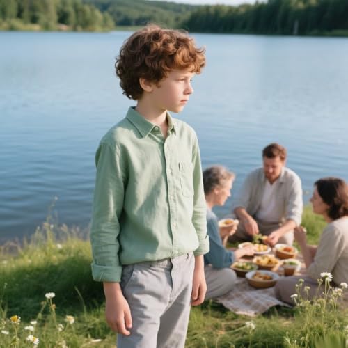 Boys Linen Shirt Kids Lightweight Summer Beach Long Sleeve Button-Down Shirts with Pocket Teens Vacation Casual Tops3