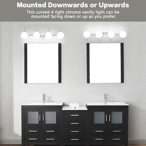 Image of Chrome Mid Century Modern 4-Light Bathroom Light Fixtures Over Mirror, Vanity Wall Sconces With Globe Frosted Milk Glass