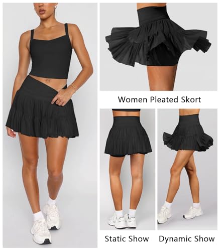 Women's Mini Skirt Skort Flowy Pleated High Waisted Ruffle Tennis Skirts for Women Athletic Skater Golf with Shorts Pockets3