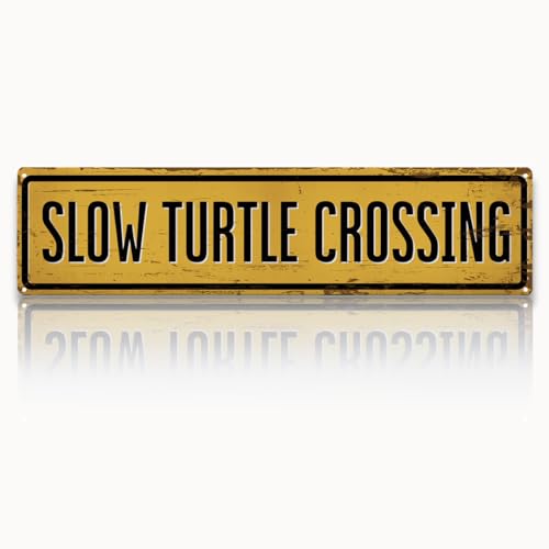 Rustic Farmhouse Metal Tin Sign, Slow Turtle Crossing Sign, Vintage Animal Road Signs for Porch, Yard, and Farmhouse, Animal Crossing Warning Signs, Perfect for Garden and Road, 15.7 x 3.9 inches