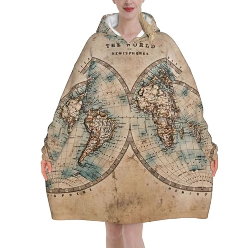 Couverture à capuche avec manches et grande poche style carte ancienne rustique