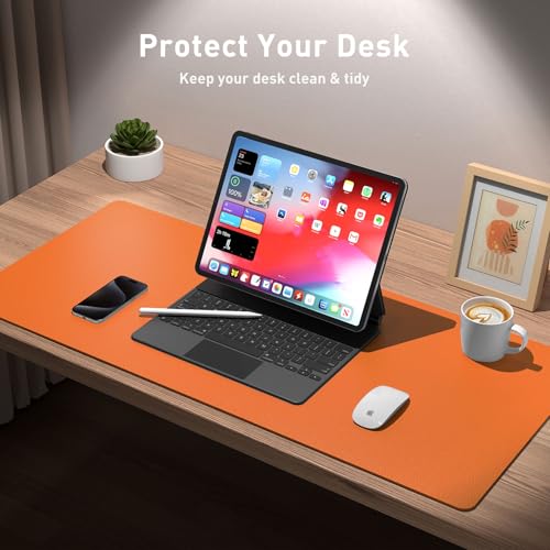 Image of Leather Desk Pad Protector,Mouse Pad,Office Desk Mat, Non-Slip PU Leather Desk Blotter,Laptop Desk Pad,Waterproof Desk Writing Pad for Office and Home (36 inch x 17 inch, Hermes Orange)