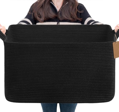 Image of Goodpick 75L Extra Large Woven Rope Blanket Basket, Rectangle, Black | 22 inch x 17 inch x 12 inch Decorative Storage Basket for Pillows, Toys & Clothes, Fits Bedroom & Nursery Organization, Writable Label