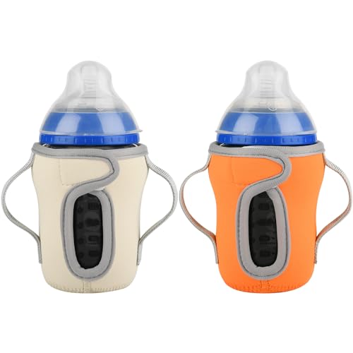 Image of Beautyflier Glass Baby Bottle Sleeve Covers for Tommee Tippee Nature Baby Bottles with Dual Handle, 3.8mm Thicken Heat and Cold Retention Baby Bottle Sleeve (Orange+Beige)