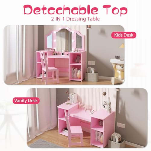 Kids Vanity Table, Princess Makeup Desk & Chair Set with touch Light Detachable Tri-Folding Mirror, Open Storage Shelves, Wooden Girls Vanity Dressing Table, Pretend Play Vanity Set for Toddler