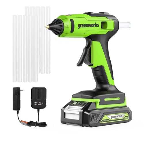 Greenworks 24V Cordless Glue Gun,2.0Ah Battery & Charger Included -1.5min Fast Heating,LED light, Drip-free nozzle, 90 min Runtime, Auto off for DIY, Arts, Crafts, Home Decoration